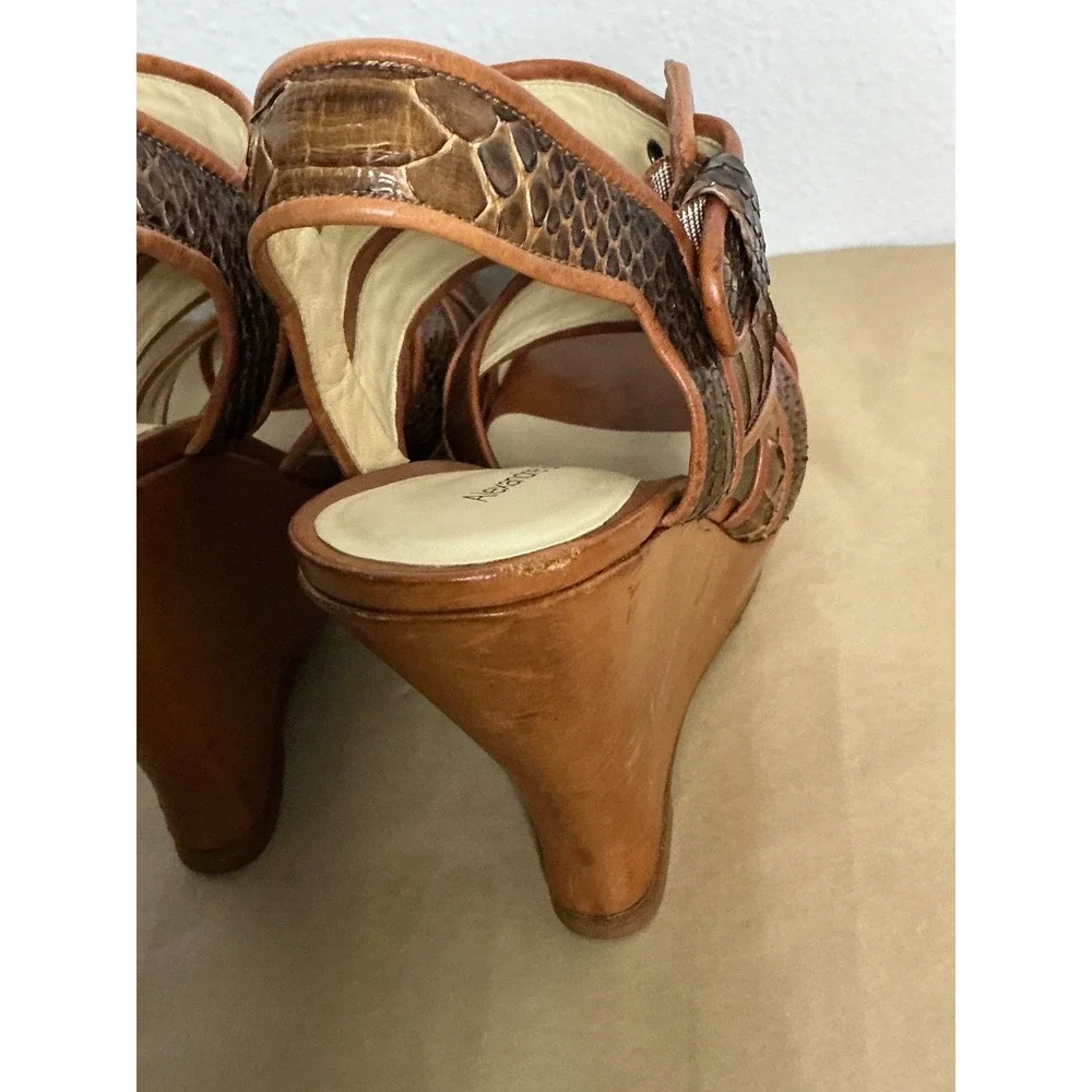 Alexandre‎ Birman Snakeskin Strappy Wedge Sandals Brown Leather Heels